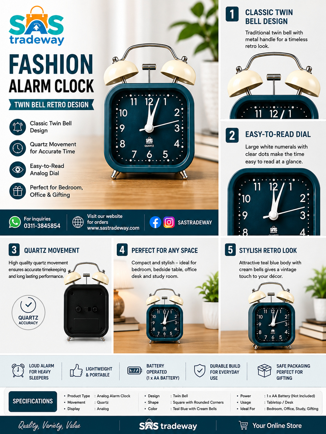 Fashion Alarm Clock Twin Bell Retro Analog Clock - Image 2